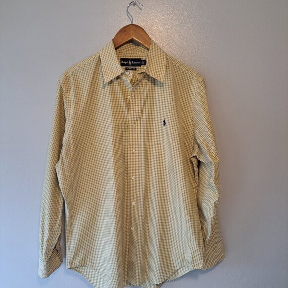 Ralph Lauren Classic Fit Mens Micro Plaid Yellow & Blue Mens‎ Shirt Size 15.1/2 - Picture 2 of 11